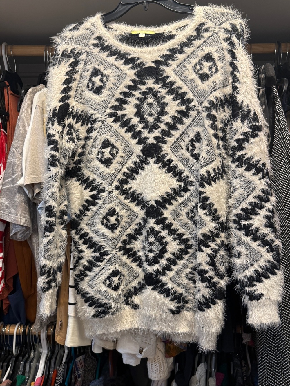 Gianni Bini Black and Cream Fuzzy Geometric Sweater